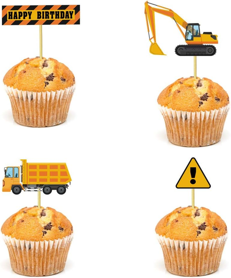 12Pcs Construction Cupcake Toppers Happy Birthday Cake Topper Stop Sign Dump Truck Excavator Tractor Party Cake Picks Decorations for Construction Theme Birthday Party Supplies image number 1