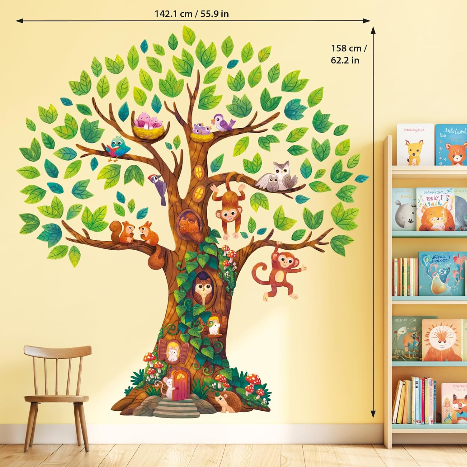 DECOWALL Treehouse Animal Wall Stickers &ndash; Monkeys, Owls, Birds & Squirrels Tree Decals for Kids Bedroom, Nursery or Playroom Decor (DL4-2303) image number 5