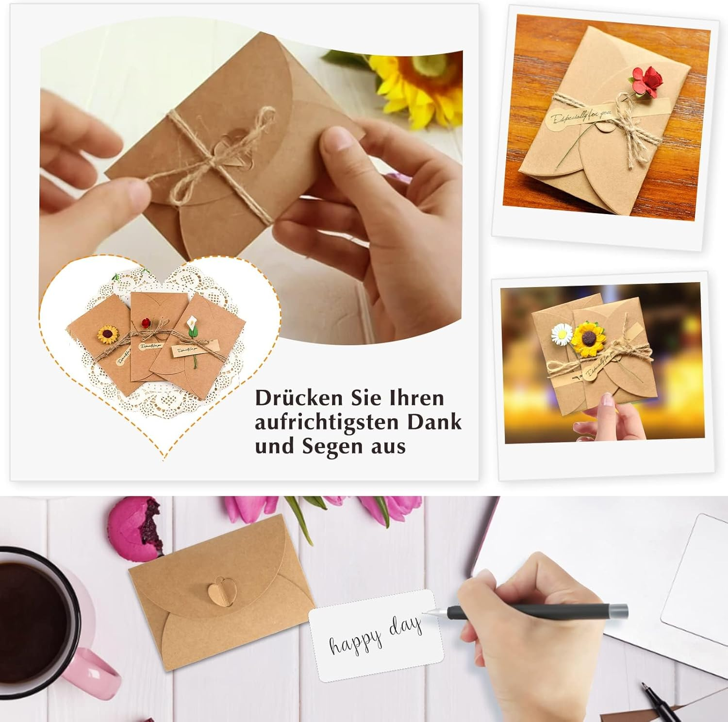 Kraft Paper Envelopes, Pack of 40 Mini Envelopes with 40 Cards Set, Small Envelopes, Mini Envelopes with Heart Closure for Money Gifts, Thank You Cards, Invitation image number 1