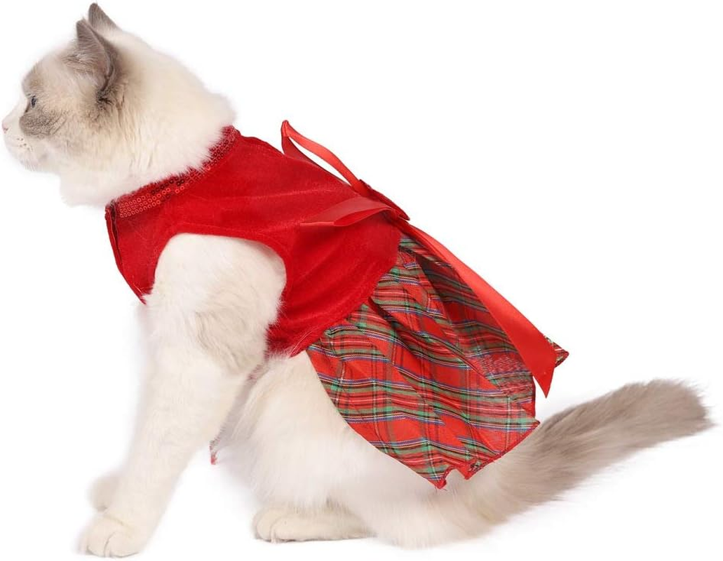 Bow-Knot Christmas Pet Costume Plaid Skirt Dog Clothes Santa Dress (Red, XS) image number 2
