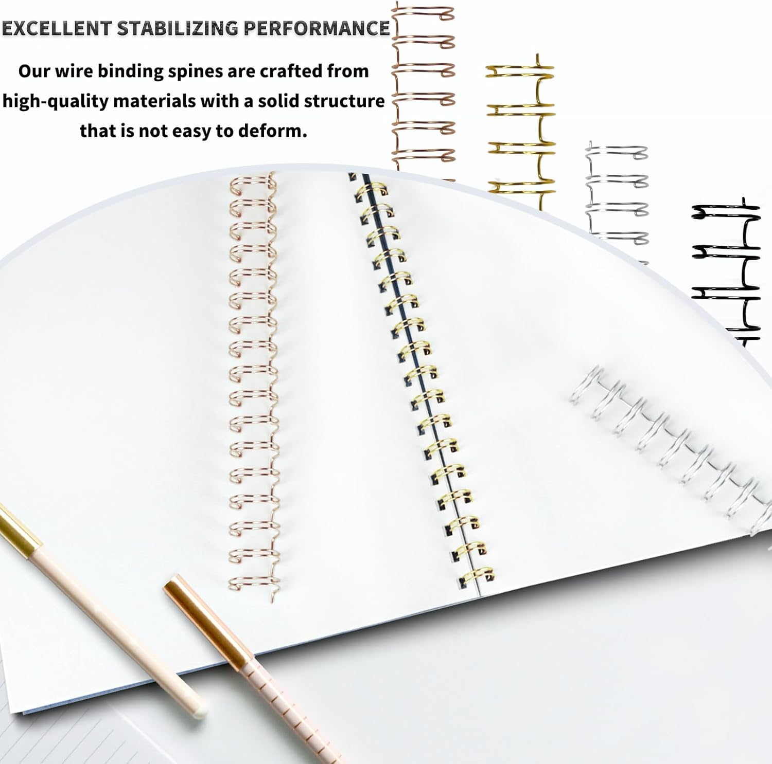 RAYSON Double Loop Wire Binding Spines, 5/8 Inch, 21 Holes, 2:1 Pitch, Binding Capacity 25-145 Sheets, Letter Size, Pack of 50 with Black, White, Rose Gold, Silver, Golden Multicolor image number 3