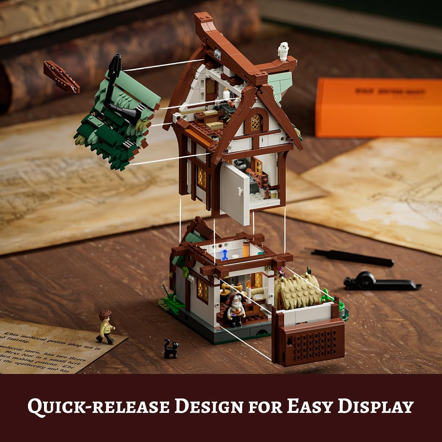 FUNWHOLE Medieval Apothecary Shop Lighting Building Bricks Set - Compatible with Standard Bricks Medieval Series House Collectible Display 1470 Pcs for Adults and Teen image number 4