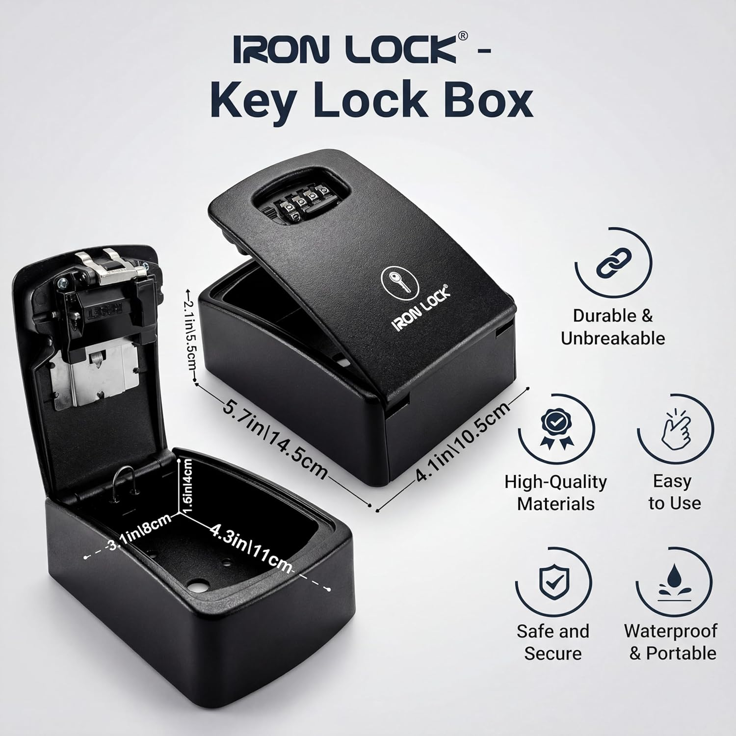 Iron Lock&reg; - XXL Key Lock Box Wall Mount for Keys 4 Digit Combination with Resettable Code with a B Switch Extra Large Lockbox Indoor Outdoor Waterproof Big Key Lock Box House Spare Keys Hide a Key - Grey image number 2