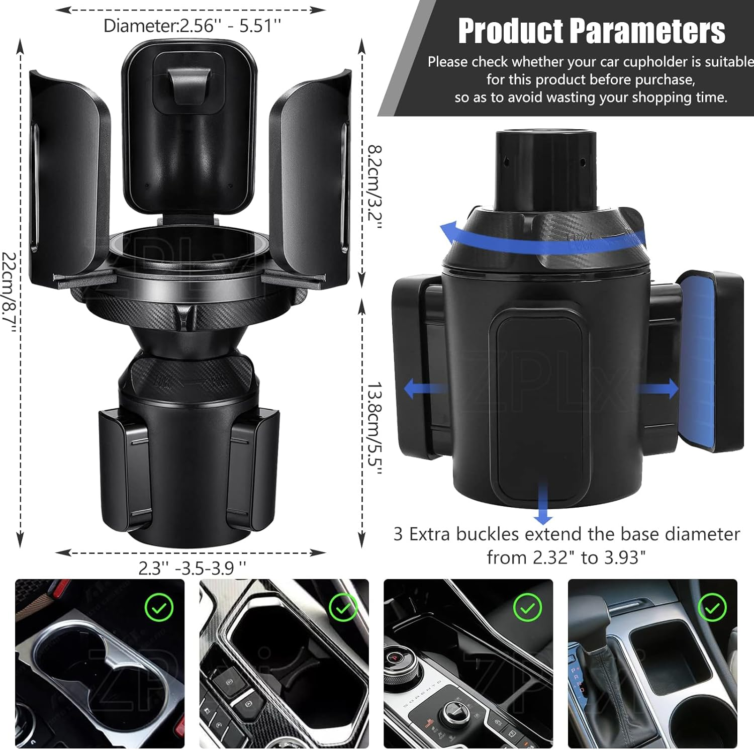 Car Cup Holder Expander with Adjustable Base Fits Most Car, Large Automotive Drink Holder Adapter for 7-14Cm, Expandable Cars Cup Holder Extender for Large Bottles, Cup, Mugs