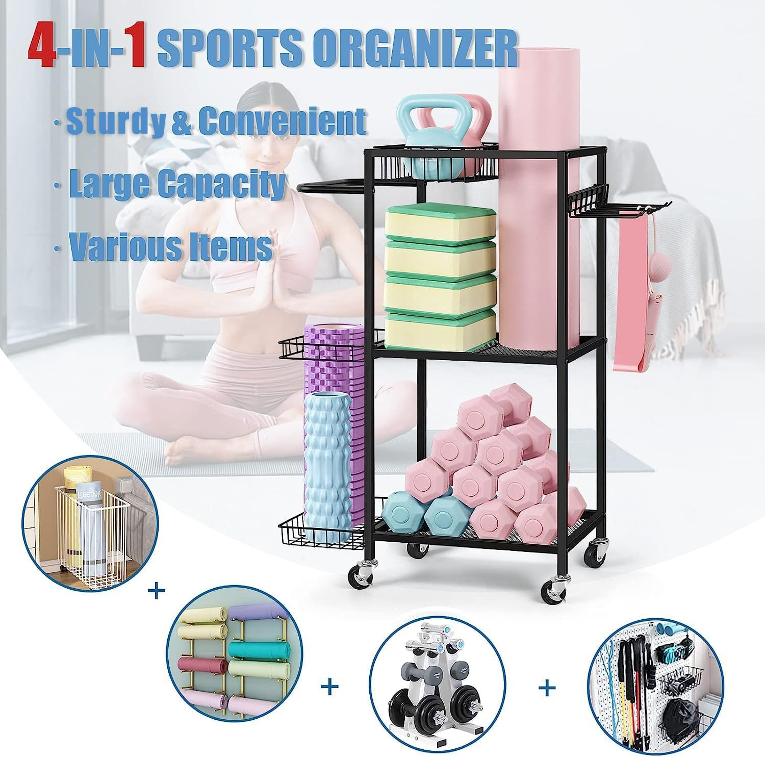 LIANTRAL Dumbbell Rack, Yoga Mat Storage Rack, Workout Equipment Storage Rack for Dumbbells Kettlebells Yoga Mat and Balls, Home Gym Storage Organizer with Hooks and Wheels - Black image number 2