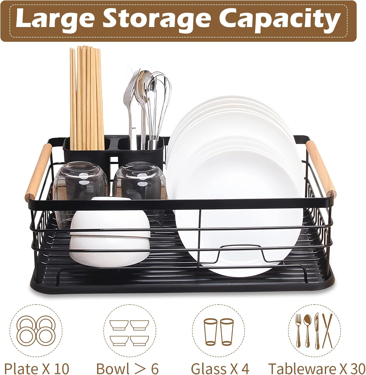 Dish Drainer Rack with Removable Drip Tray, Metal Kitchen Dish Drying Rack Organiser with Wooden Handles, Dish Rack, Dish Drainers, Black, 43 X 30.5 X 14 Cm