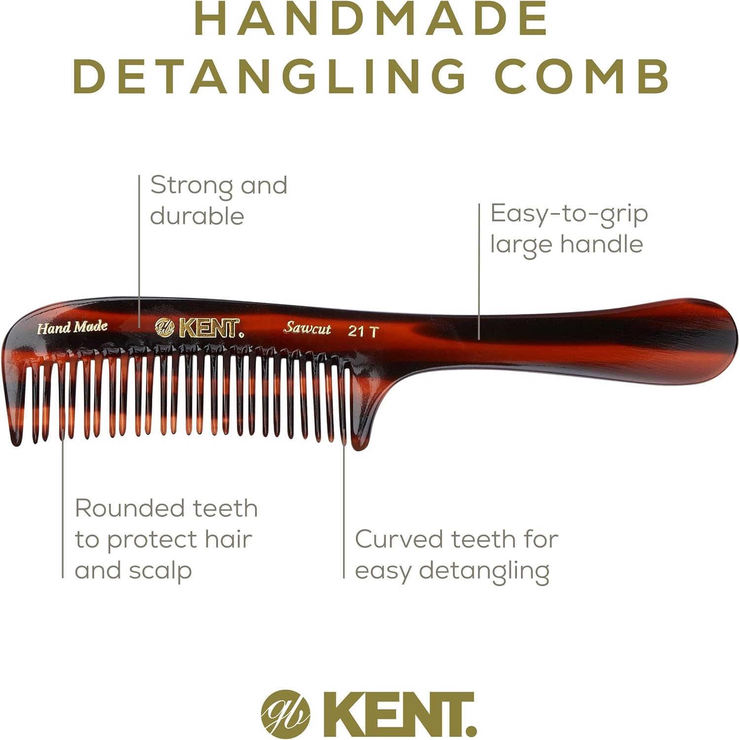 Kent 21T Large Hair Detangling Comb, Double Teeth Wide Tooth Comb for Curly Wavy Hair, Saw-Cut and Handmade (7.5") image number 2
