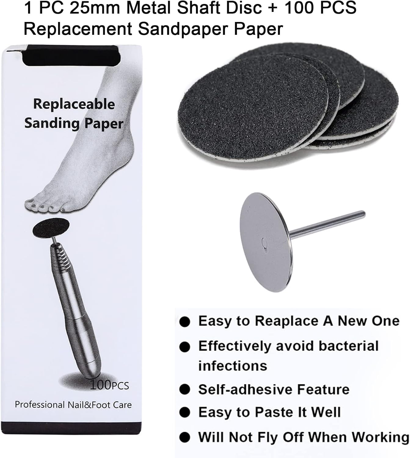100Pcs Replacement Sandpaper Disk with Metal Nail Drill Bit,25Mm Self-Adhesive Pedicure Sanding Paper Disc Pads for Manicure Pedicure,#240 Grit image number 3