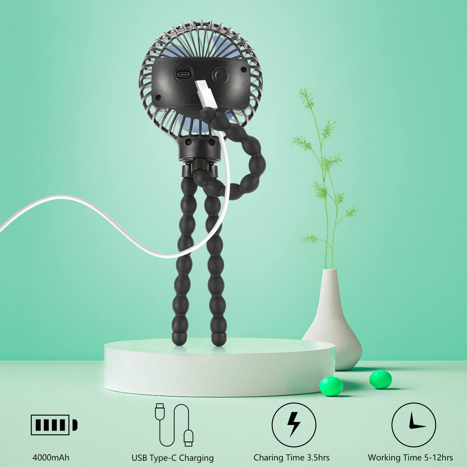 Snawowo Mini Handheld Portable Pram Fan, Baby Stroller Fan, Car Seat Fan, USB or 4000Mah Battery Powered, with Flexible Tripod Clip on Student Bed Desk Bike Crib Treadmill Camping Traveling image number 4