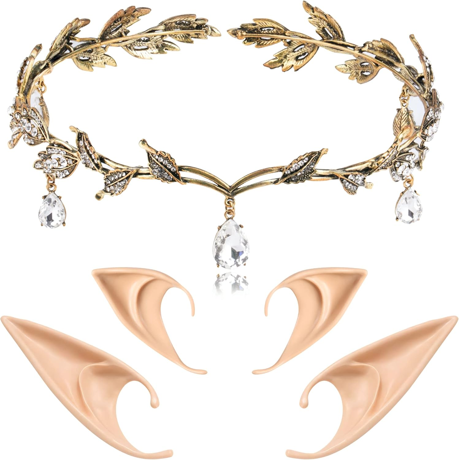FRESHME Elf Ears with Fairy Crown Set Pixie Headpiece with 2 Pairs Fairy Ears Kit - Crystal Crown - Gold Set image number 4