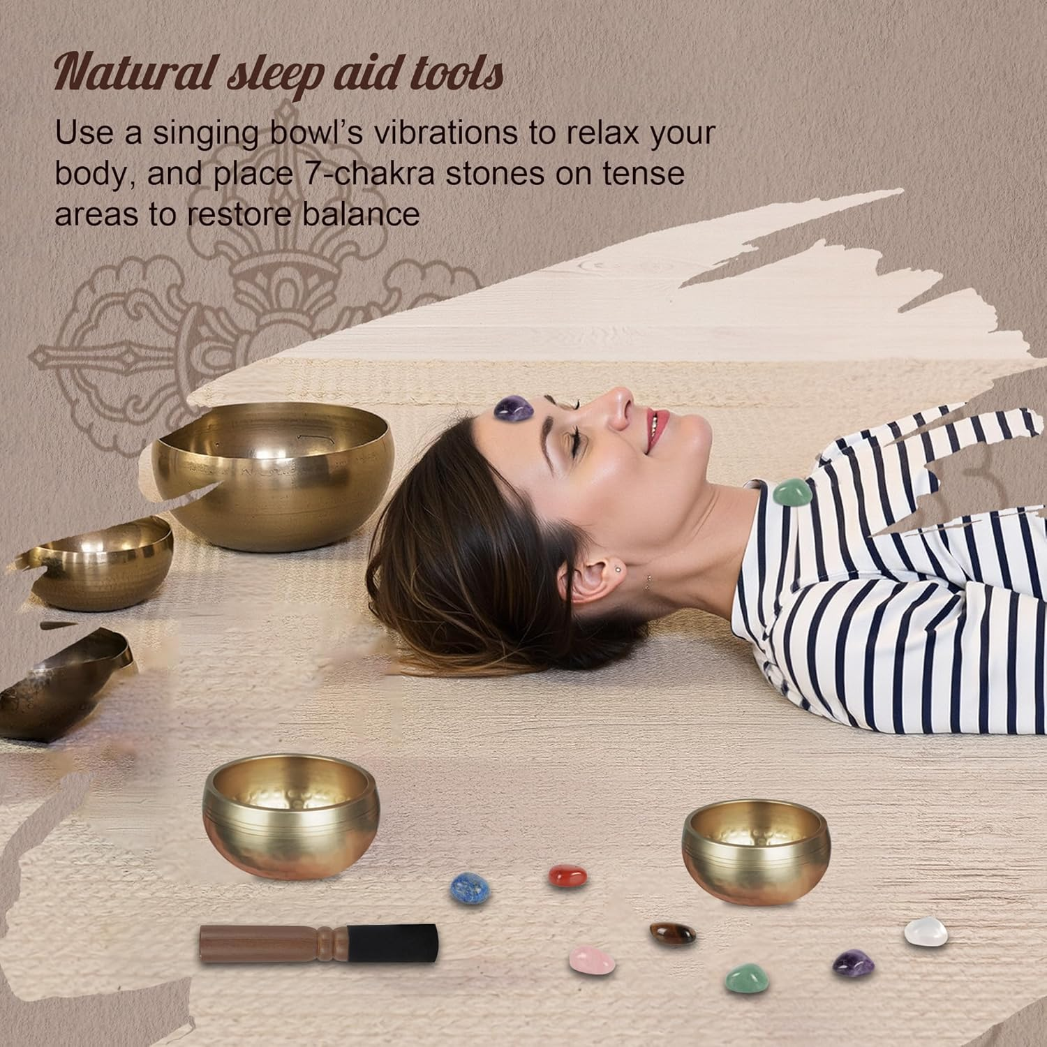 3.14In Tibetan Singing Bowl Set with 7 Chakra Crystal Stones &ndash; Handmade in Nepal for Meditation, Mindfulness & Relaxation image number 2