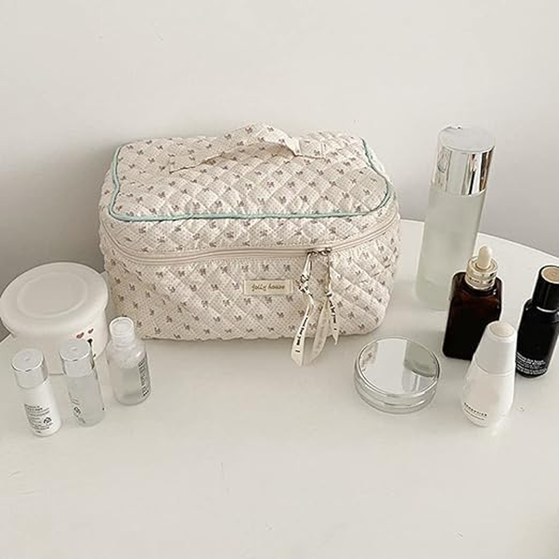Makeup Bag Floral Cotton Large Travel Cosmetic Quilted Pouch Coquette Aesthetic Toiletry for Ladies Girl Multifunction Storage Bag, Beige, (YJL-DRLSHHZB-01) image number 3