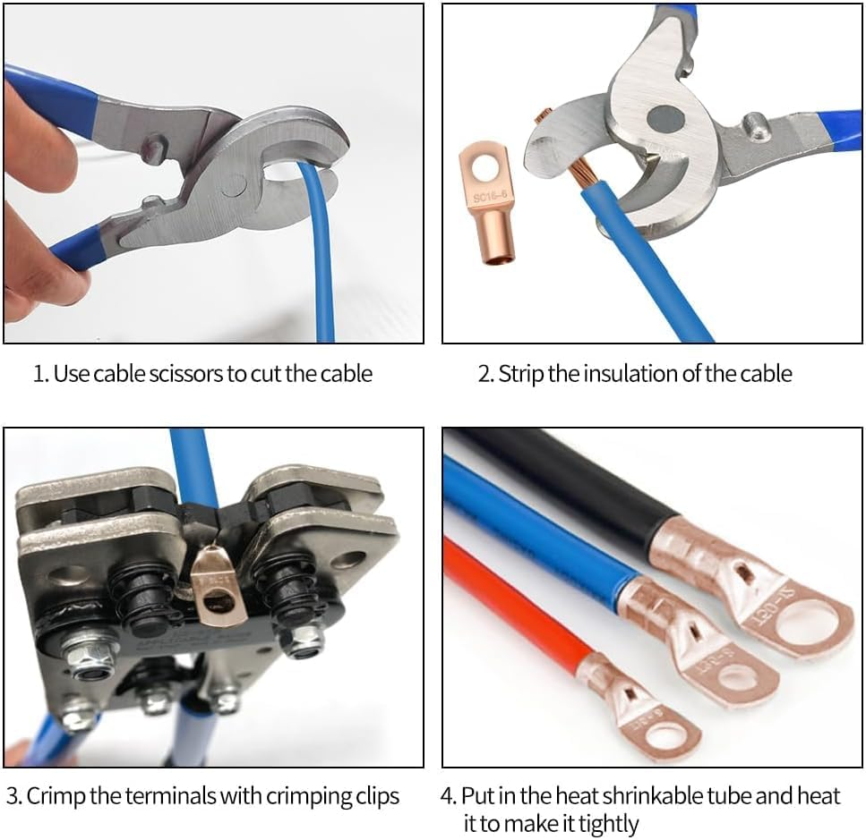 Battery Cable Lug Crimping Tool for Heavy Duty Wire Lugs with Cable Cutter 60Pcs Ring Terminals, Battery Terminal 6-50Mm&sup2;, Copper Lugs for 10, 8, 6, 4, 2, 1/0 AWG Wire Cable Cutting and Crimping