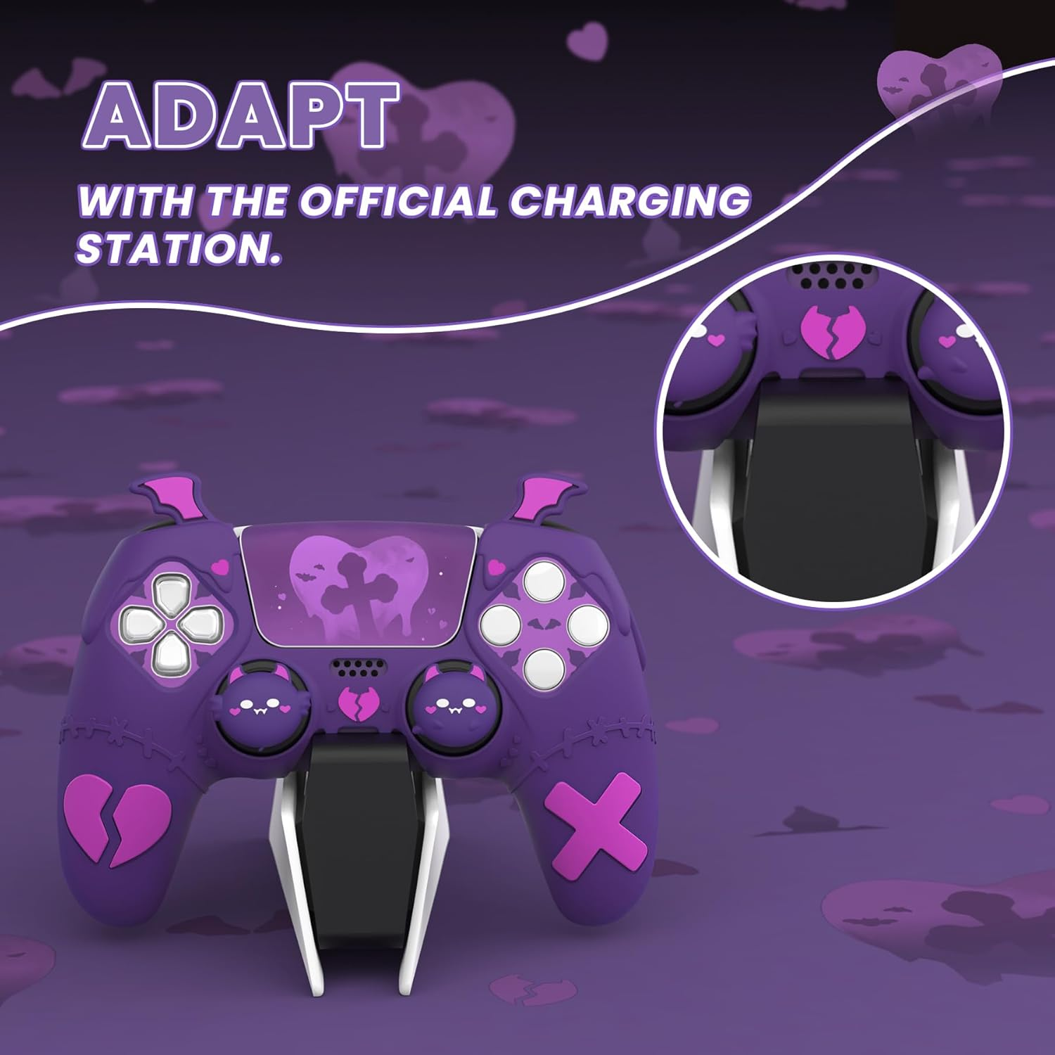 Playvital Gothic Imp Series Cute Silicone Case for Ps5 Controller with 4 Thumb Grips and 6 Stickers, Anti-Slip Silicone Skin Cover, Compatible with Ps5 Charging Station, Purple image number 1