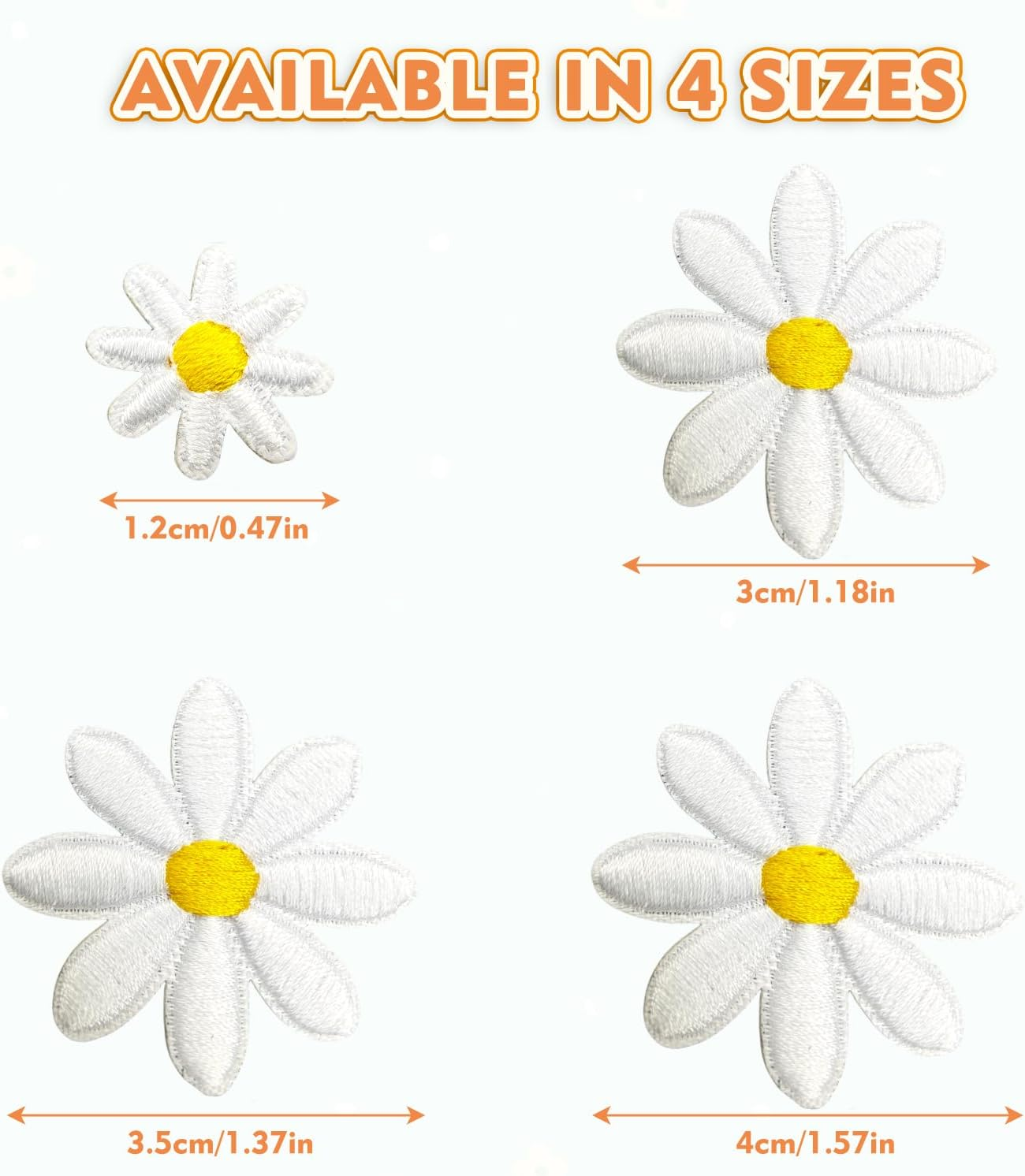 40Pcs 4 Sizes Daisy Flower Iron on Patches, Cute Embroidery Applique Patch for DIY Decoration Clothes, Pants, Hats, Backpacks, Sewing Patches for Girls, Women (Flower, White, 4Cm*3.5Cm*3Cm*1.2Cm) image number 1