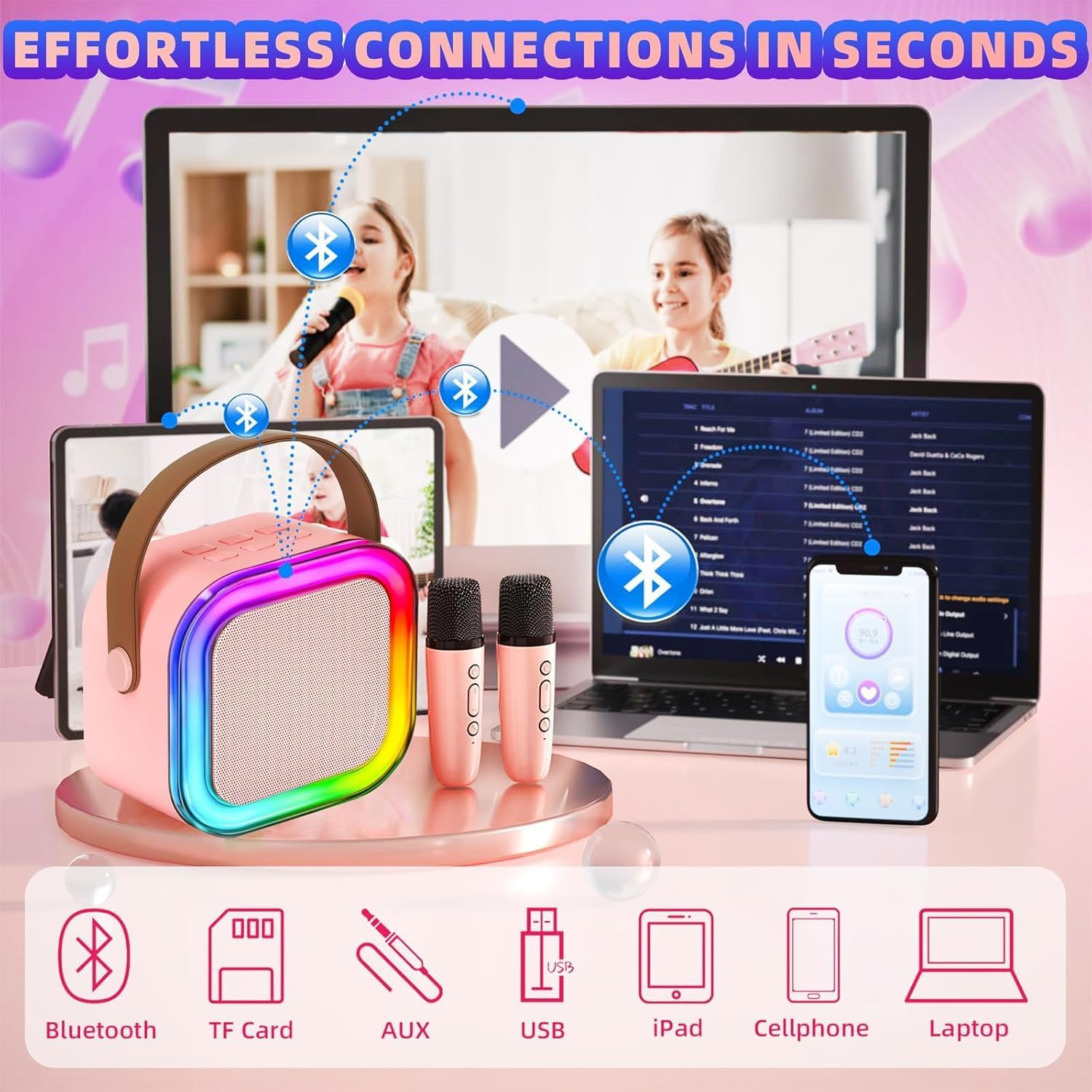 Karaoke Machine for Kids,Portable Bluetooth Speaker with 2 Wireless Microphones, Mini Bluetooth Speaker for Adullts and Kids,Birthday Gifts for Girls Boys Home Party image number 6