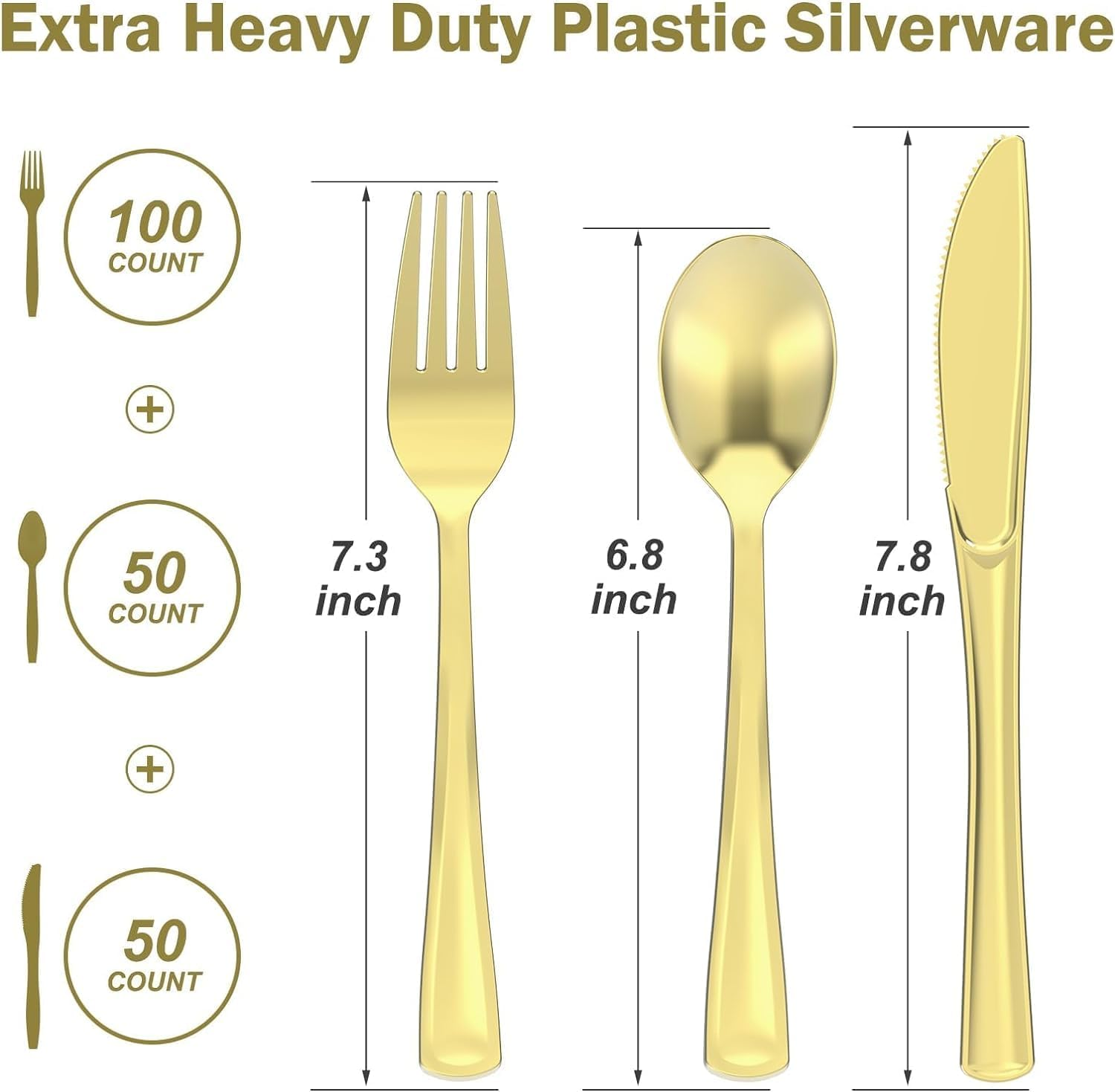 200 Heavy Duty Gold Plastic Silverware,100 Forks, 50 Spoons, 50 Knives, Bpa-Free,Reusable Gold Plastic Utensils Set, Plastic Cutlery Set, Party Wedding Dessert Picnic Christmas Catering image number 6