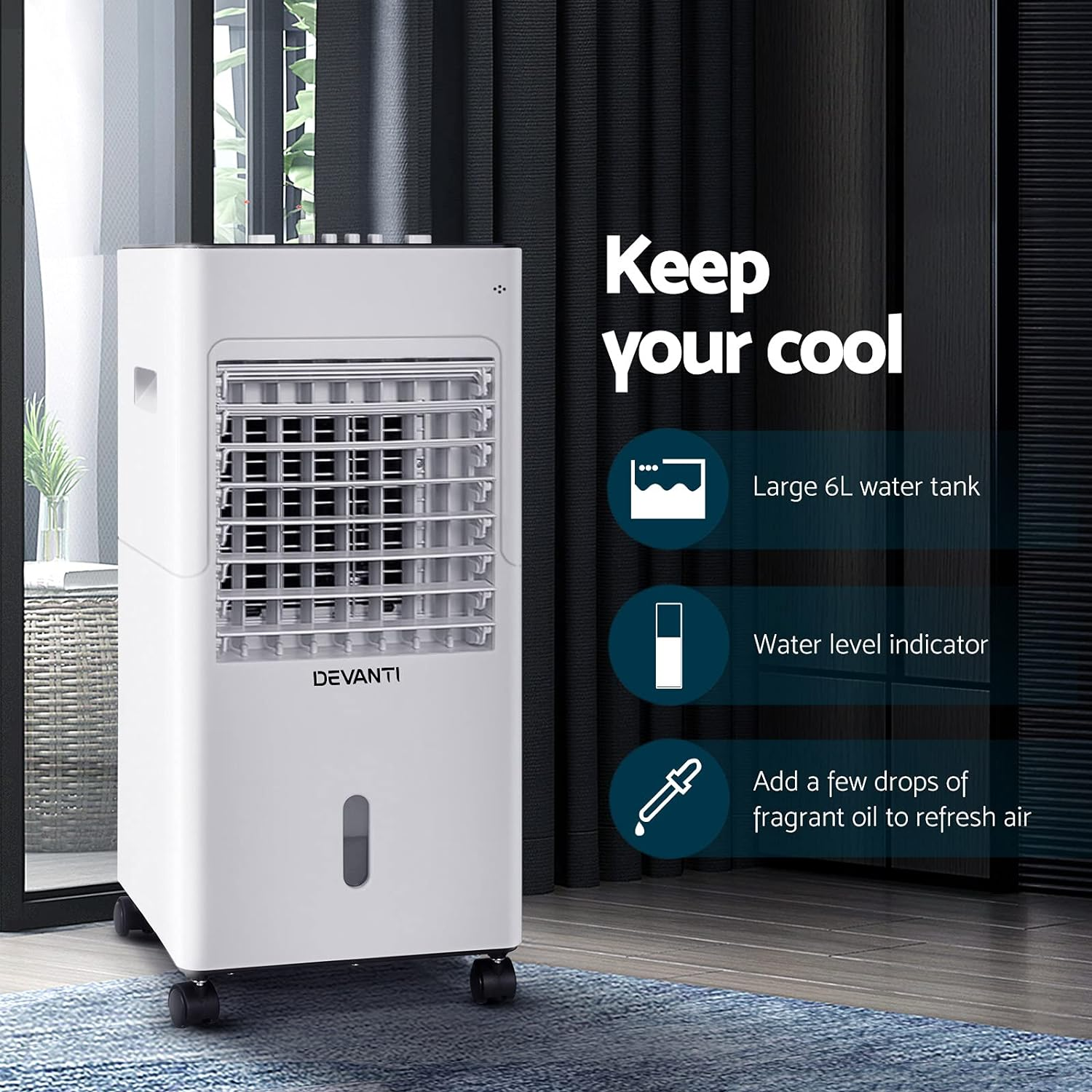 Devanti Evaporative Air Cooler, 4 in 1 Portable Air Conditioner, 6L Water Tank, 3 Speed, Auto Swing, W/2 Ice Box, Air Purifier for Bedroom Home Office image number 1