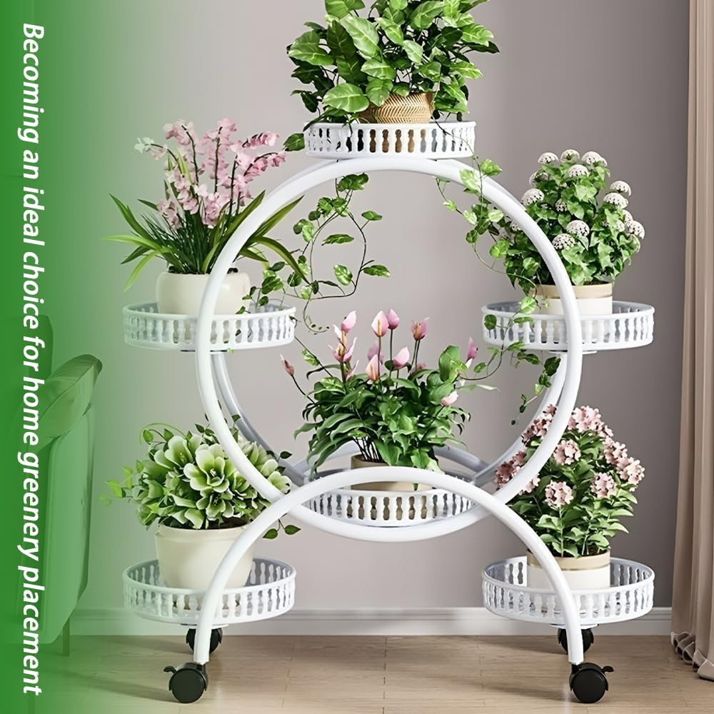 Metal Planter, Flower Stand, Creative Metal Plant Display Stand with Wheels and 1 Set of Gardening Tools, Suitable for Study Balcony Living Room and Bedroom, White, 52*80Cm image number 3
