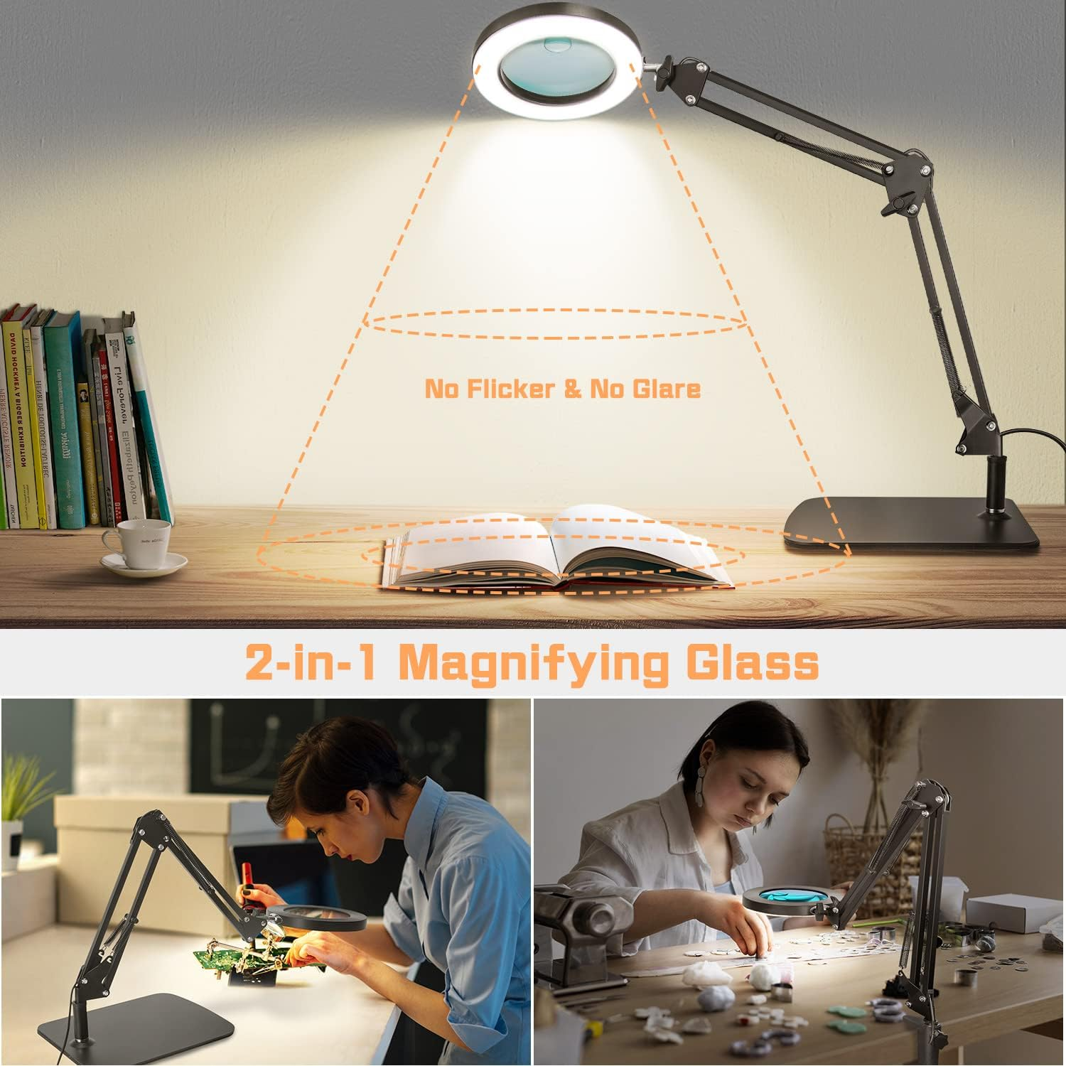 Cenawin 2-In-1 Magnifying Glass with Light and Stand, 15X 10X LED Magnifying Lamp with Clamp and Base, Desk Lamp with 3 Colour Modes, Dimmable, LED Magnifying Lamp for Hobby Crafts, Workplace Lamp image number 2