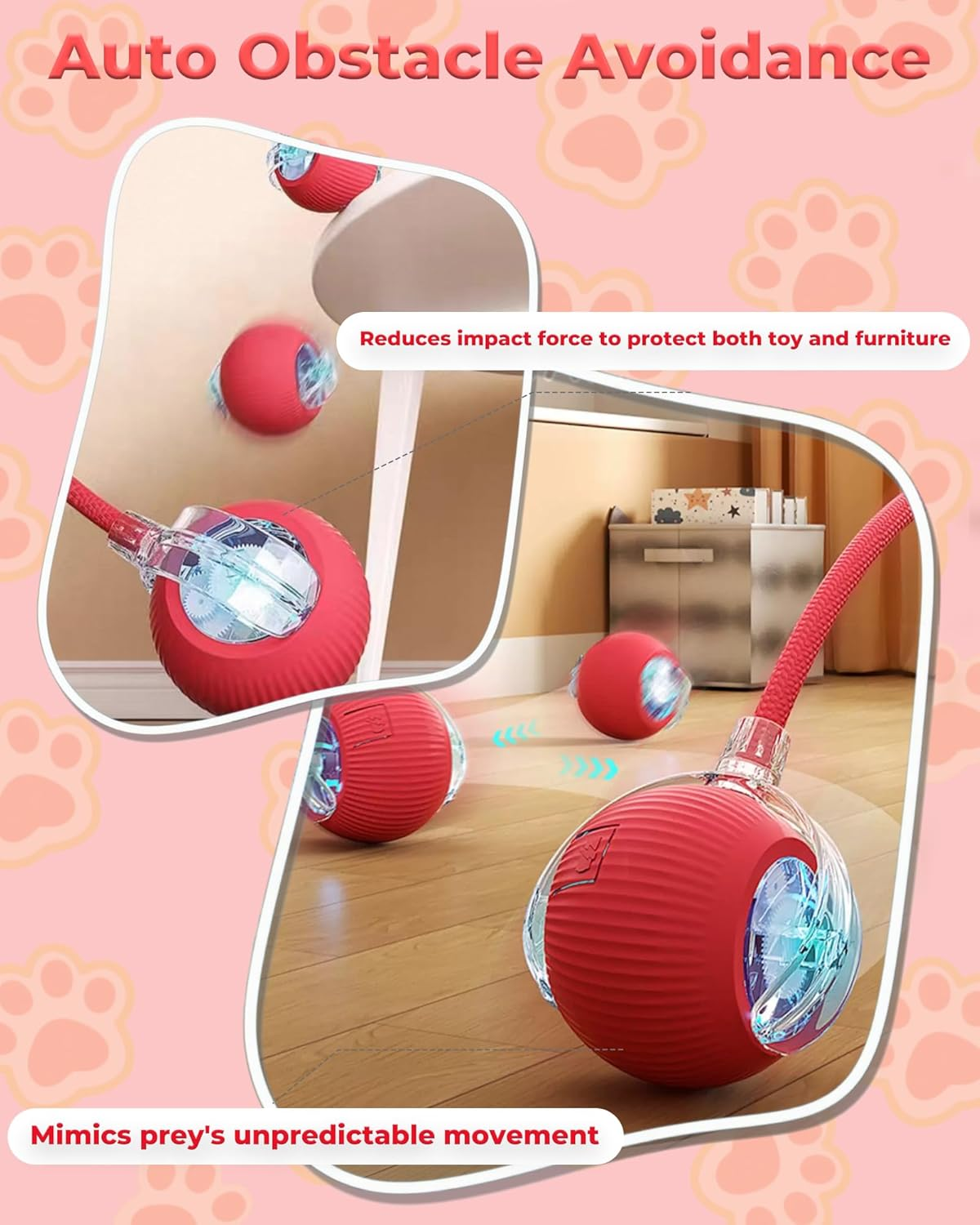 Cat Toy, Agile Moving Cat Ball with Elastic Mesh Tail, Interactive Cat Toy for Indoor Cats, with Motion Activated, Ultra-Fast Kitten Toy（Red image number 4