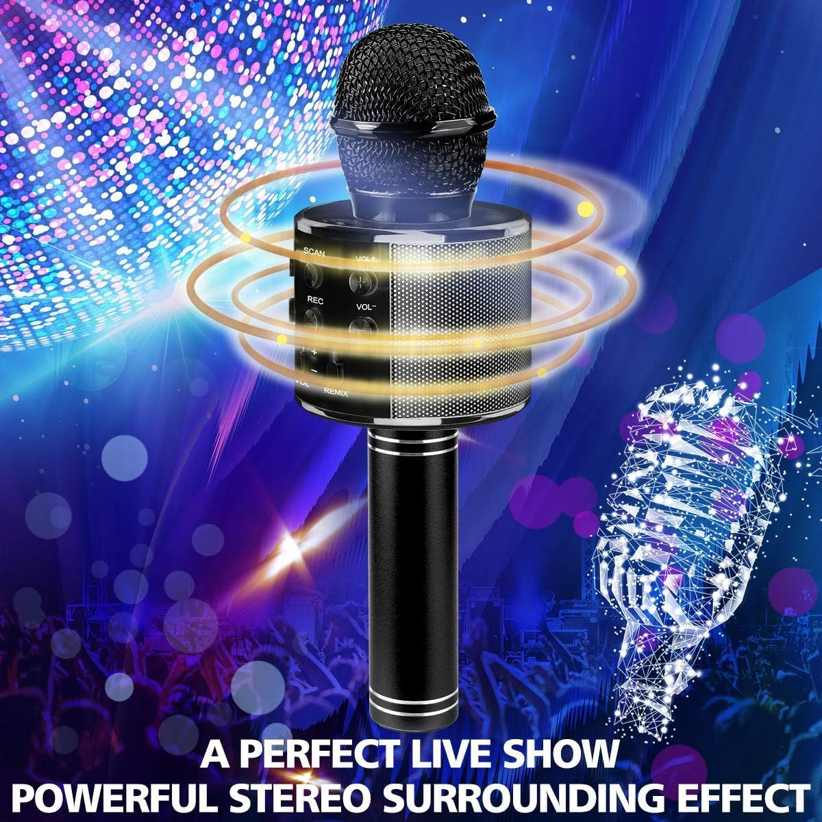 Wireless Bluetooth Karaoke Microphone for Kids, 5-In-1 Portable Handheld Karaoke Mic Speaker Player Recorder with Adjustable Remix FM Radio for Kids Girls Boys (With 32G TF Card,Black) - Gold image number 2