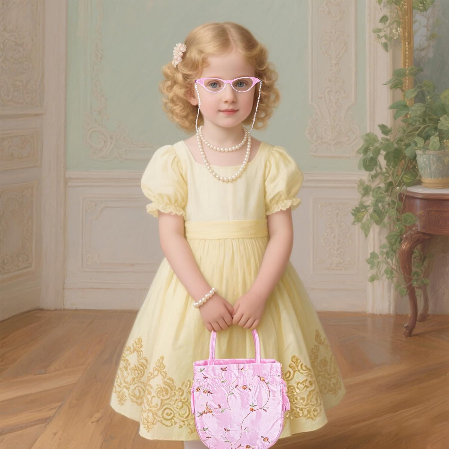 5 Pcs Old Lady Costume Set Grandma Granny Glasses Eyeglasses Chain Pearl Necklace Bracelet