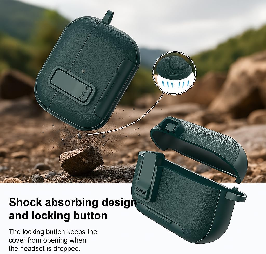 For Airpods Pro 2 Case with Secure Lock, Leather Texture TPU Material,Built-In Stand Function, Compatible with Airpods Pro Case (2023/2022/2019), Compatible with Wireless Charging, Green image number 3