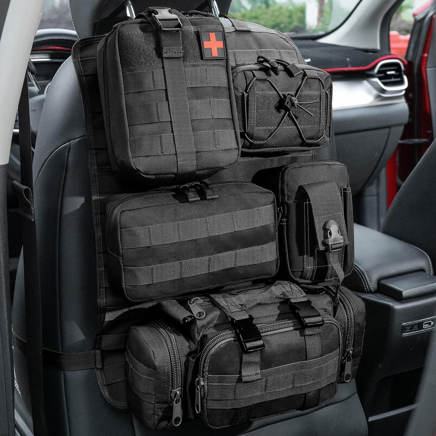 Universal Tactical Vehicle Seat Back Organizer Panel with 5 Detachable MOLLE Pouches - Medical, Phone, Storage Pouch, Suitable for Vehicles Such as Jeep, Truck, SUV, Ford, Chevrolet, Etc
