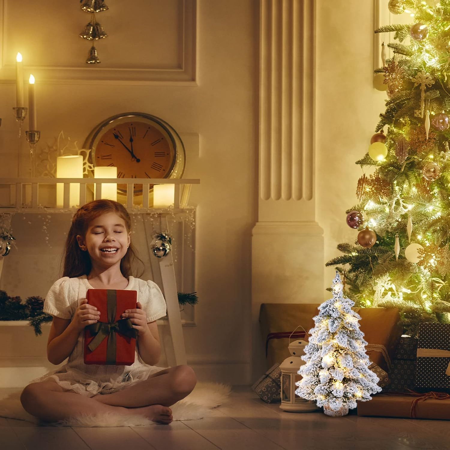 Xinyee 1 Prelit Tabletop Christmas Tree Snow Flocked Christmas Tree with Led Lights Wood Base Mini Xmas Pine Tree for Table Desk Home Christmas Decor image number 4