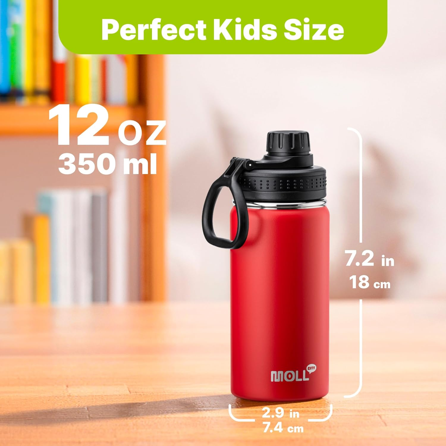 Kids Water Bottle 12 Oz Stainless Steel Insulated Water Bottle Wide Mouth with Leakproof Spout Lid-Sports Flask for Girl and Boy (Canyon Red-Black) image number 3