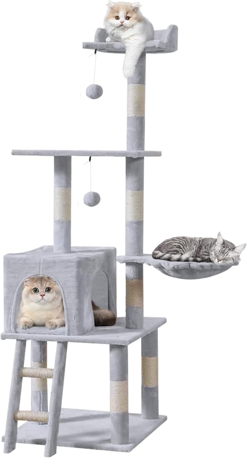 Cat Climbing Frame, 154Cm Cat Scratching Post Multi-Level Play Tower with 2 Pom Poms and Spacious Hammock for Indoor Kittens, Multi-Level Apartment Cat Furniture image number 2