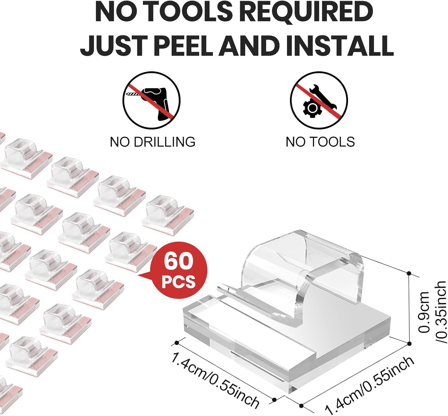 60 PCS Adhesive Cable Clips Clear, Wire Holders for Cords on Wall, Cable Staples Outdoor Wire Organizer Cord Management Strong for Ethernet, HDMI, TV, Desk, LED String Lights, Christmas Lights image number 2
