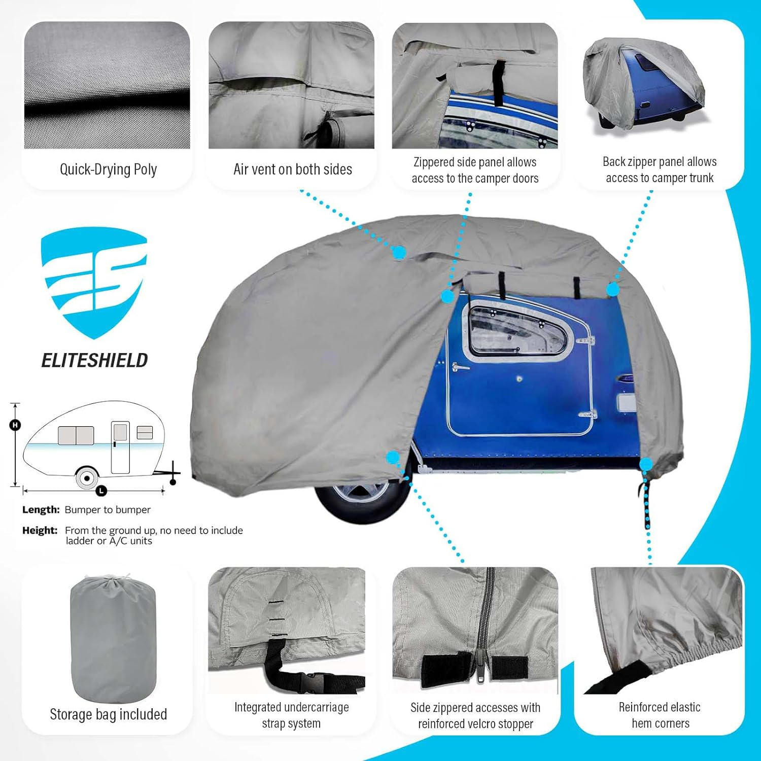 Eliteshield Premium Teardrop Trailer Camper Covers, Tear Resistant Teardrop RV Camper Cover with Access Panels, Fits 8'&ndash;10'L 5.5'W Gray Color image number 4