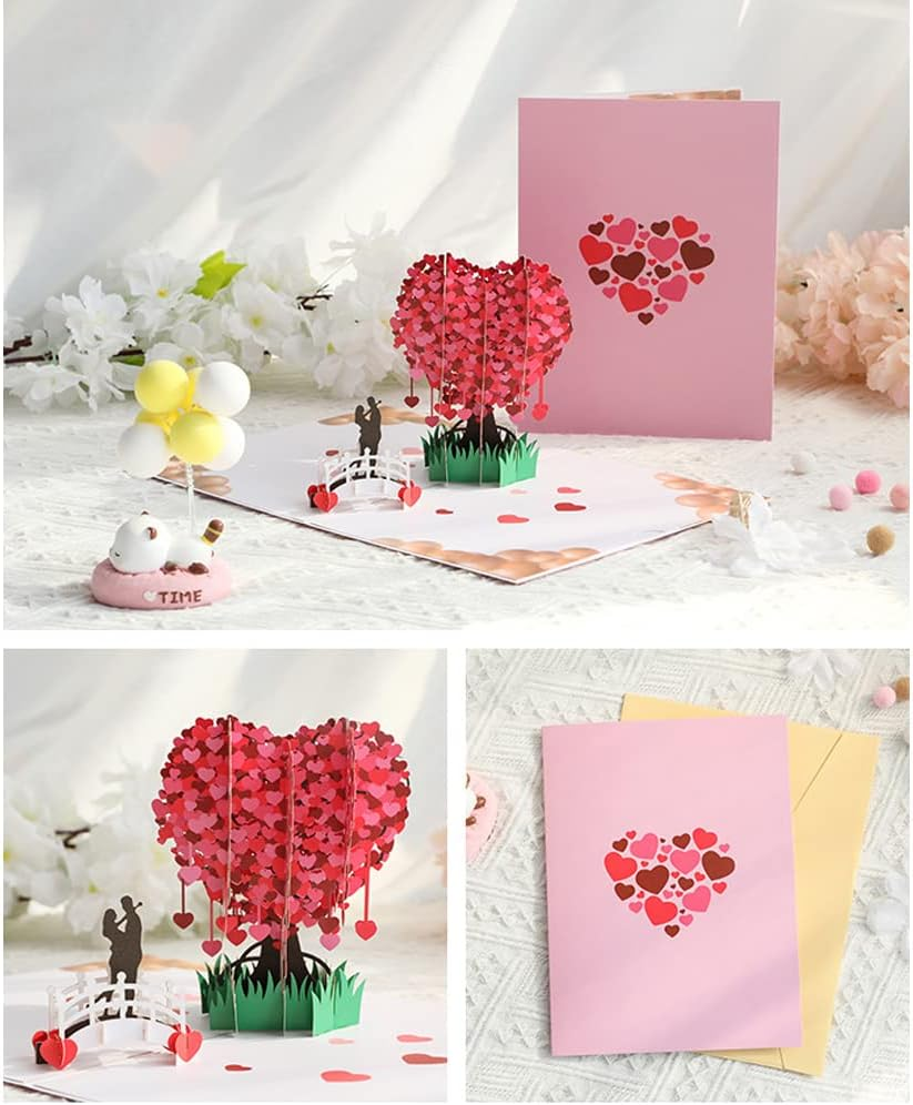 Pop up Greeting Wedding Card, 3D Anniversary Valentines Day Engagement Love Heart-Shaped Cherry Blossom Card Gifts with Blank Cards and Envelopes for Her Him Wife Husband Girlfriend Boyfriend image number 1