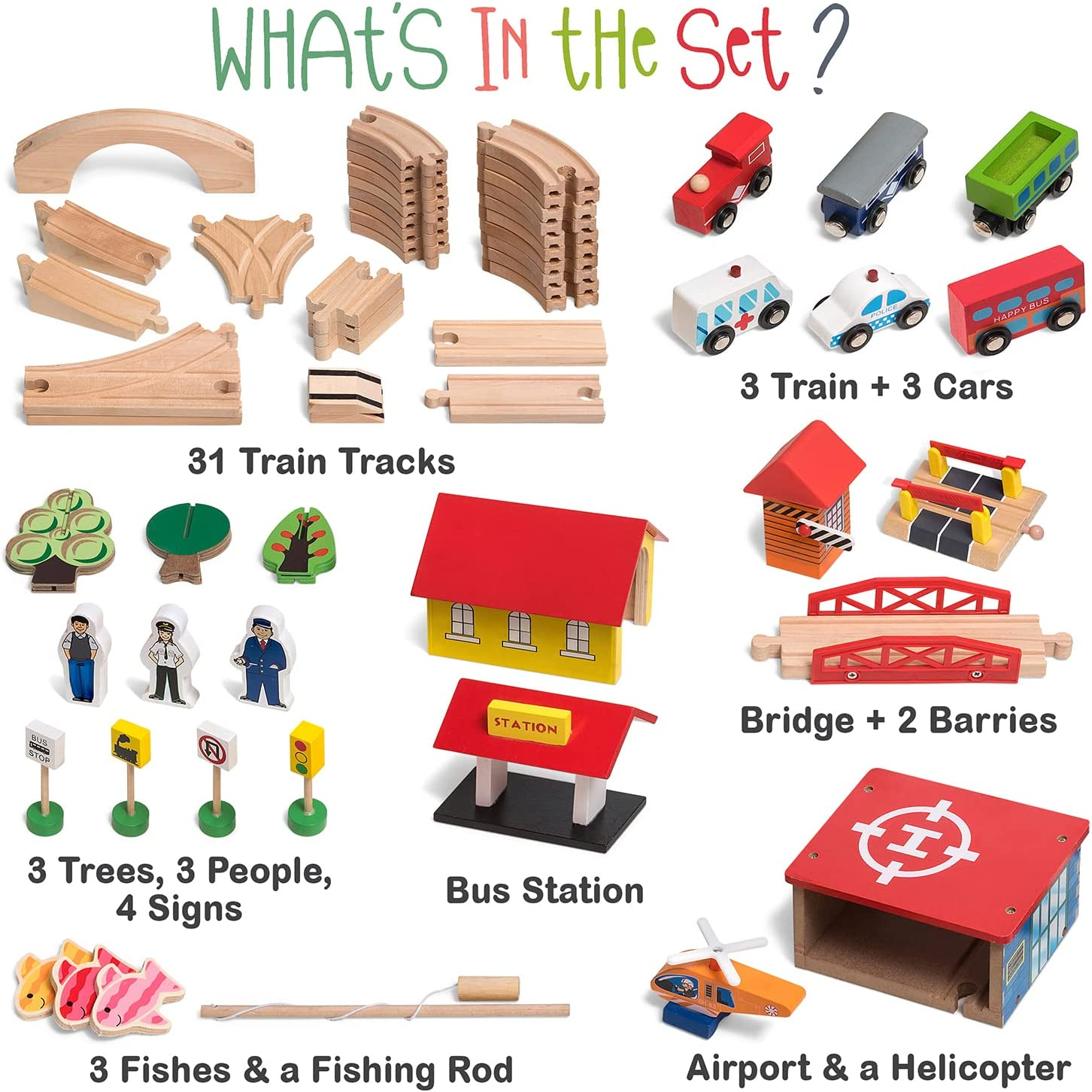 Wooden Train Tracks Set for Kids, Toddler Boys and Girls 3, 4, 5 Years Old and up - 69 Pieces &ndash; Premium Wood Construction Toys - Fits Thomas, Brio, IKEA, Imaginarium, Melissa and Doug image number 6