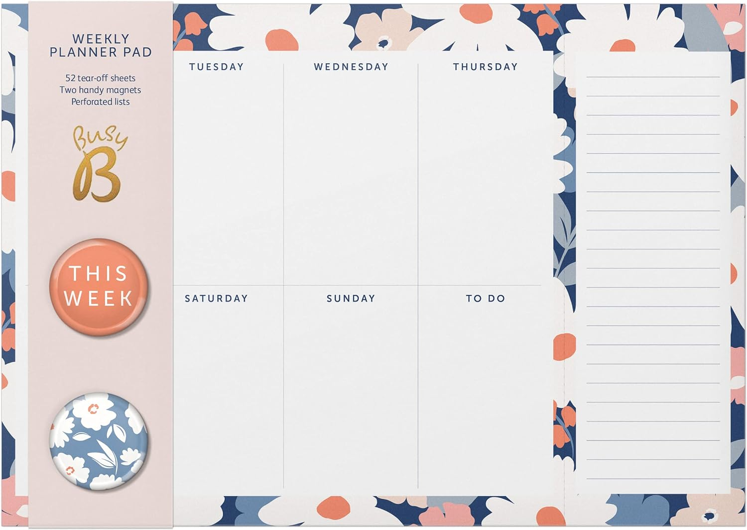 Busy B Weekly Planner Pad &ndash; Floral Design &ndash; Week-To-View Planner with 52 Tear-Off Sheets, Two Handy Magnets, Perforated Lists & Space for Notes - Perfect for Staying on Track of Plans & Reminders