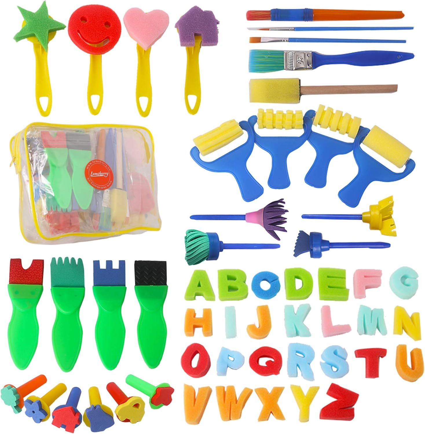 Lumsburry 54Pcs Kids Art & Craft Early Learning Painting Sponges Stamper Mini Paint Brushes Kit with 26 English Alphabets Drawing Tools (Brushes Only) image number 1