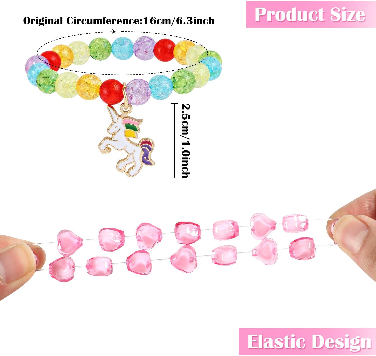 G.C 10 PCS Girls Kids Rainbow Beaded Bracelet with Cute Unicorn Rainbow Heart Star Pendant Stretchy Costume Jewelry Set Gift Play Party Favors Friendship Bracelets Jewelry for Baby Toddler Little Girl image number 2