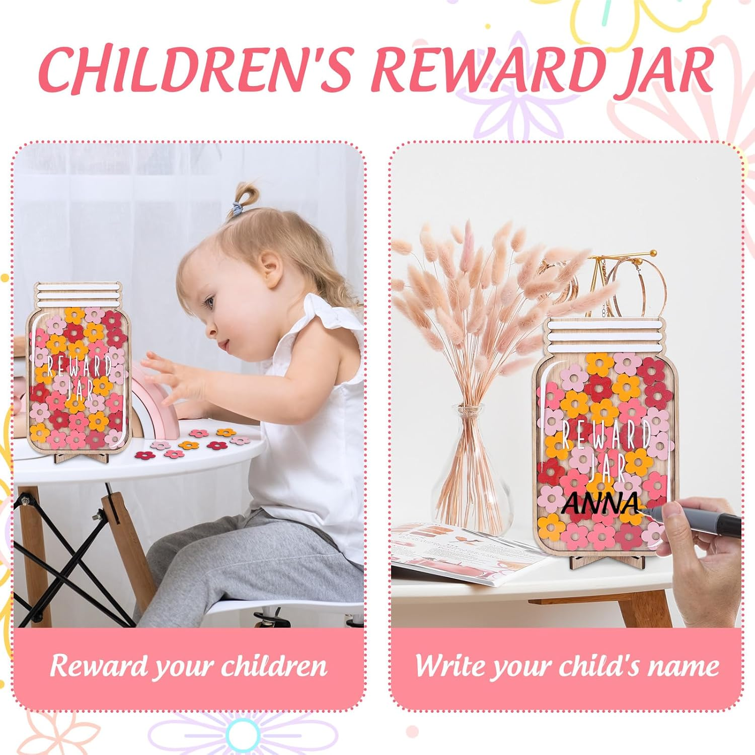 Jarthenaamcs Wooden Reward Jar for Kids Daisy Flower Cutouts Positive Incentive Behavior Chart with Base Management Tools Decoration Reward System for Student Teacher School Classroom Supplies, 38Pcs