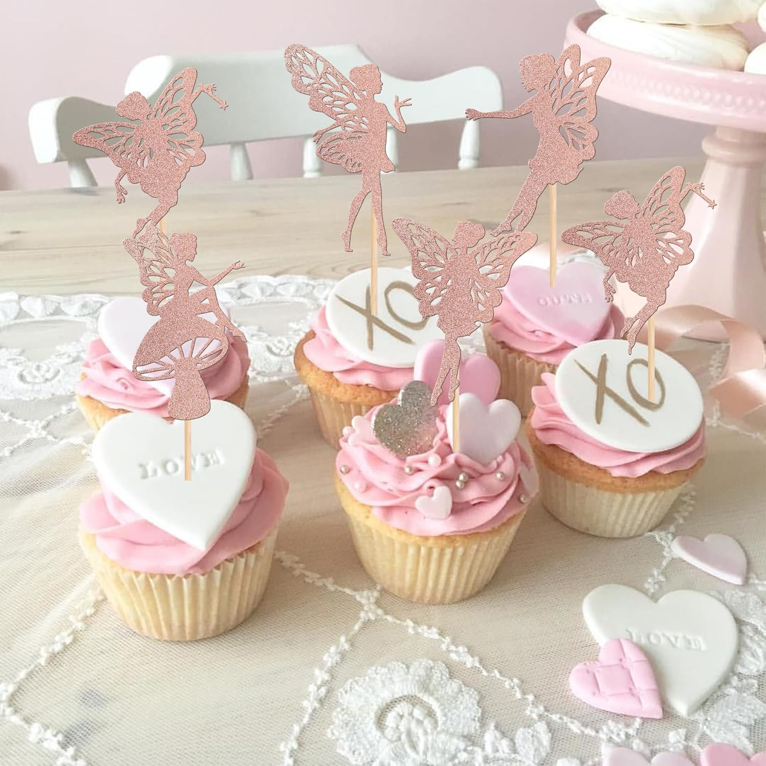 30 Pack Fairy Cupcake Toppers Glitter Flower Angel Fairy Ballet Dancer Cupcake Picks for Wedding Bridal Shower Baby Shower Birthday Party Cake Decorations Supplies Rose Gold image number 5