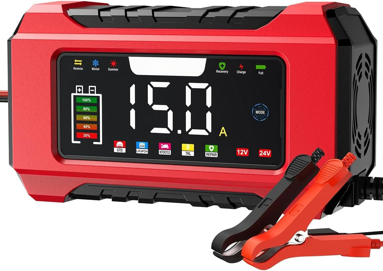 Car Battery Charger 15-Amp - 12V and 24V Smart Car Battery Charger AU Plug: Lead Acid 9-Stage Trickle Charger Smart Battery Maintainer W/Temp Compensation for Car Truck Lawn Mower Boat Marine image number 4