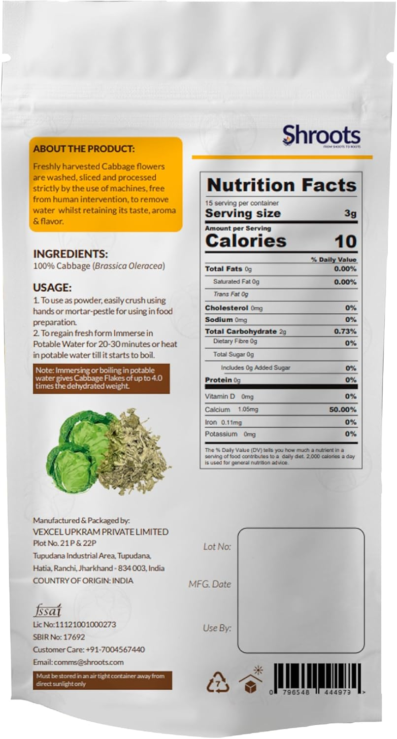 SHROOTS Dehydrated Cabbage Leaves Flakes Pure Vegetarian Gluten-Free No Added Salt Easy Cooking Essential Machine Dried Vegetable with Natural Aroma Ideal for Salad & Everyday Meals 1.59 Oz, Pack of 1 image number 3