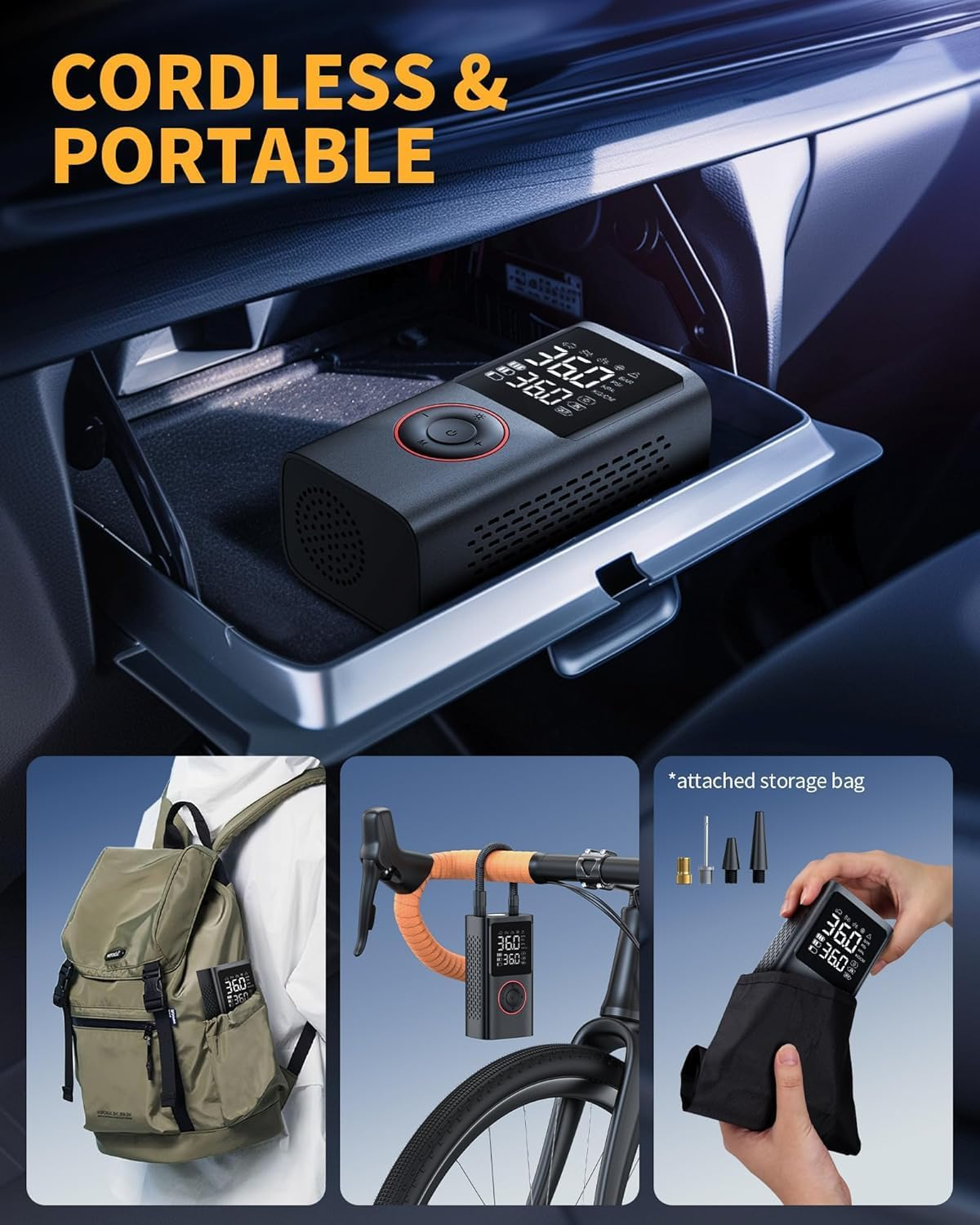 Tire Inflator Portable Air Compressor, 150 PSI Cordless Mini Bike Tire Pump, Air Pump for Auto, Motorcycle, Bicycle, Balls with Pressure Gauge&Led Light image number 3