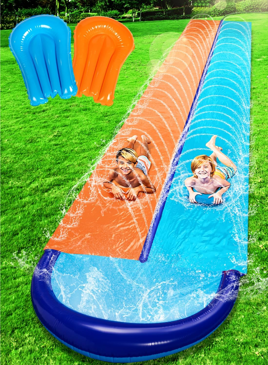Sloosh 32.5FT Double Water Slides, Heavy Duty Lawn Slip with Sprinkler and 2 Inflatable Boards Backyard Yard Lawn Summer Outdoor Water Toy for Kids Adults image number 3