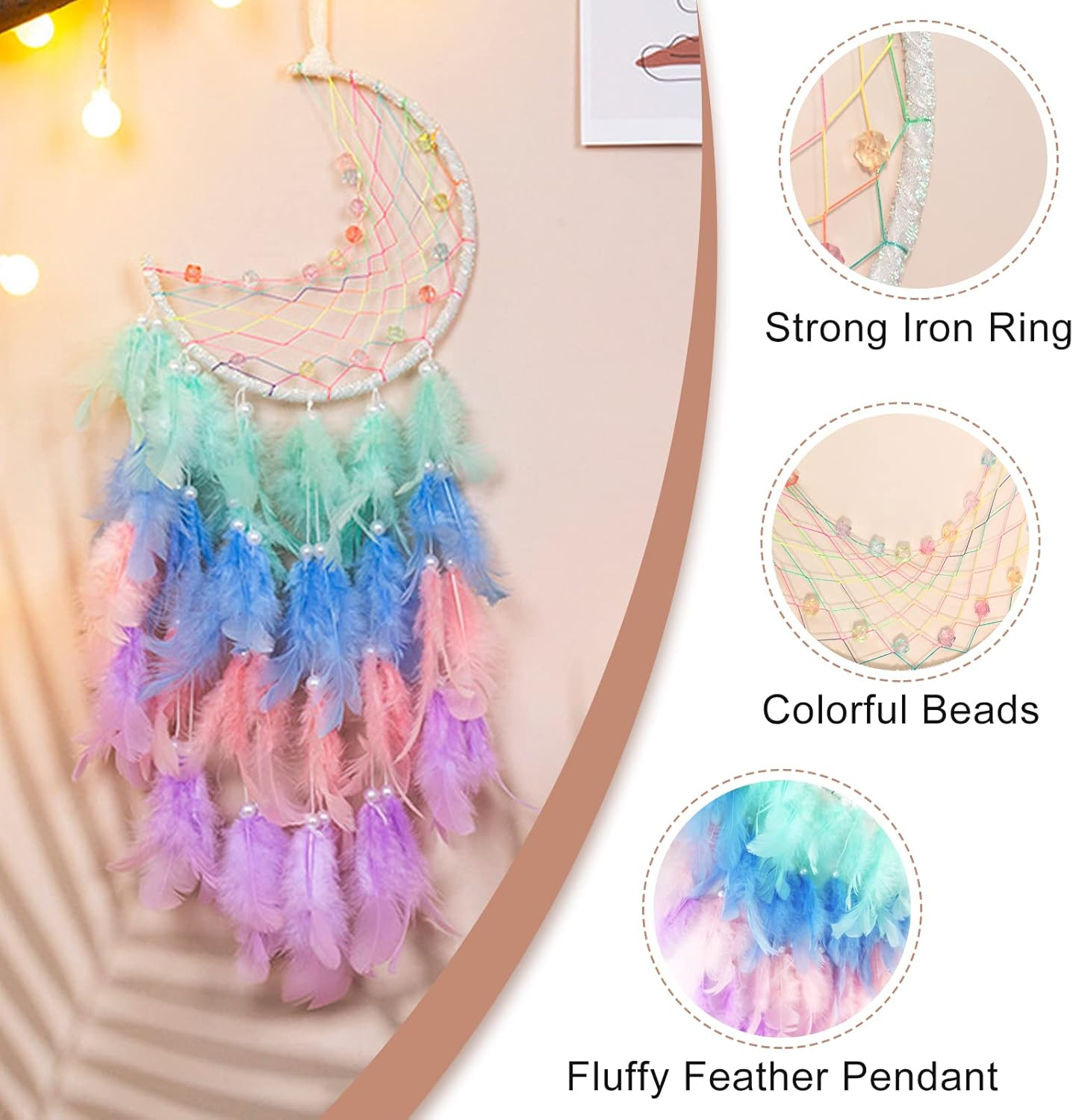 Funincrea Dream Catcher Half Moon Dream Catcher with Feathers Handmade Indian Style Wall Hanging for Living Room Bedroom Dorm (Green) - Black image number 4