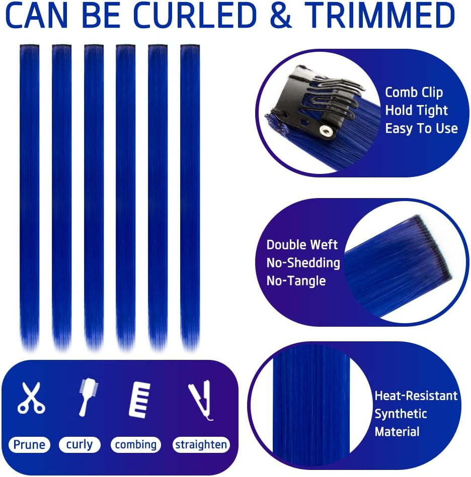 (Blue) - 50Cm Coloured Clip in Hair Extensions 10Pcs Straight Hair Synthetic Hairpieces for Party Highlight Blue image number 1