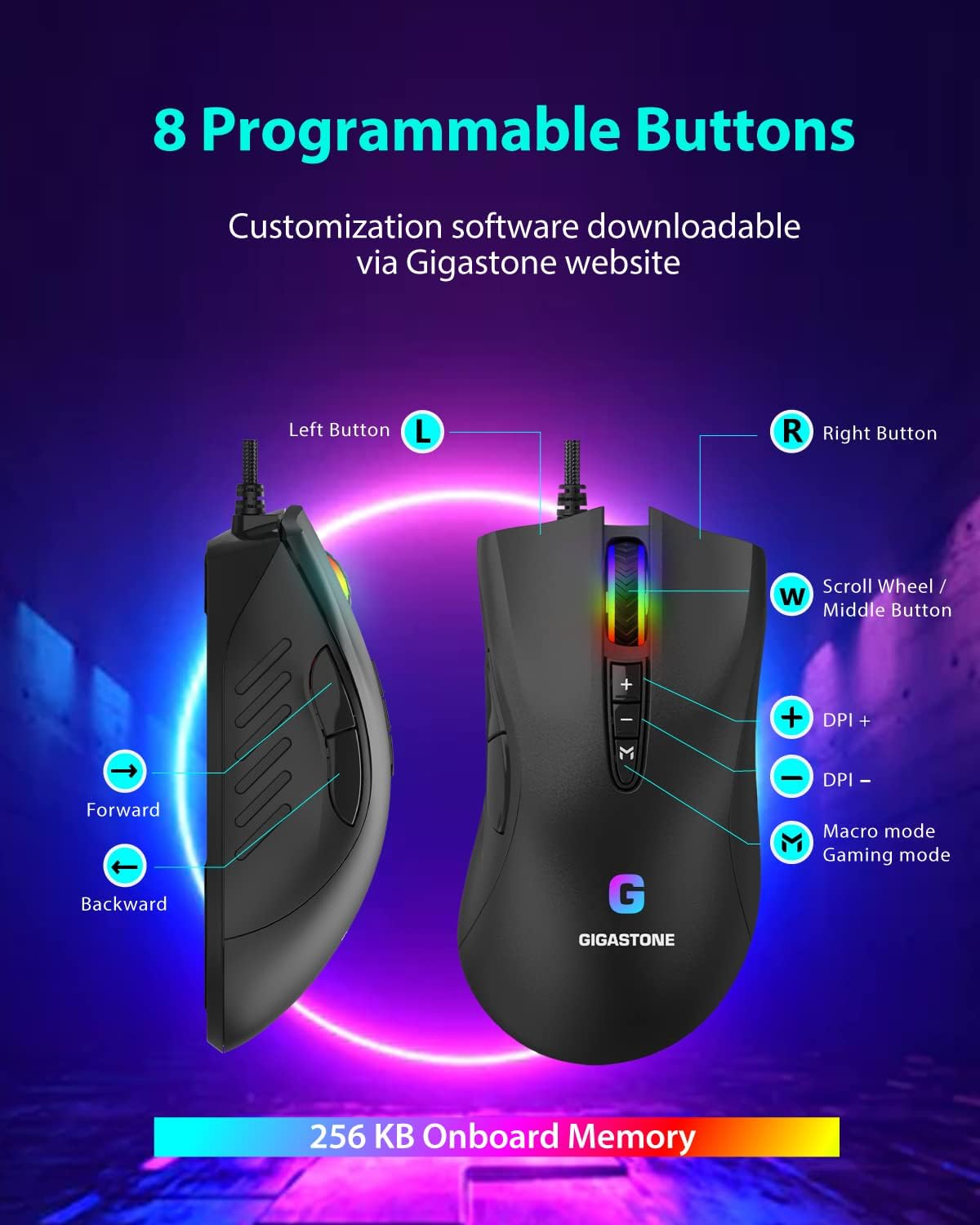 Gigastone Gaming Mouse up to 3200 DPI Adjustable, Wired Gaming Mouse with Customizable RGB Backlight, 8 Programmable Buttons, 256KB Onboard Memory, Most Suitable for Windows 7 and Up image number 5
