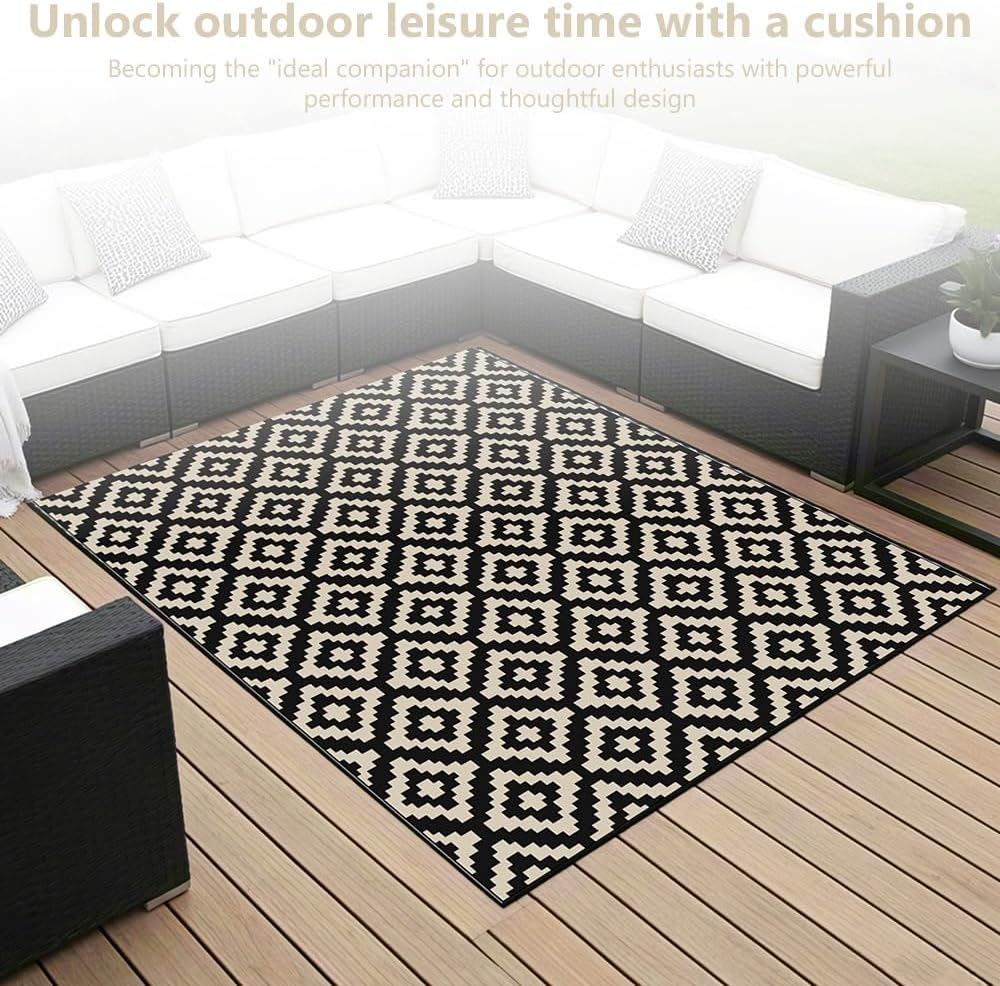 5X6 Ft Reversible Outdoor Rug, Waterproof Plastic Straw Mat for RV, Patio, Deck, Balcony, Camping, and Beach, Durable & Portable Carpet for Backyard or Porch (Black and Beige) image number 3