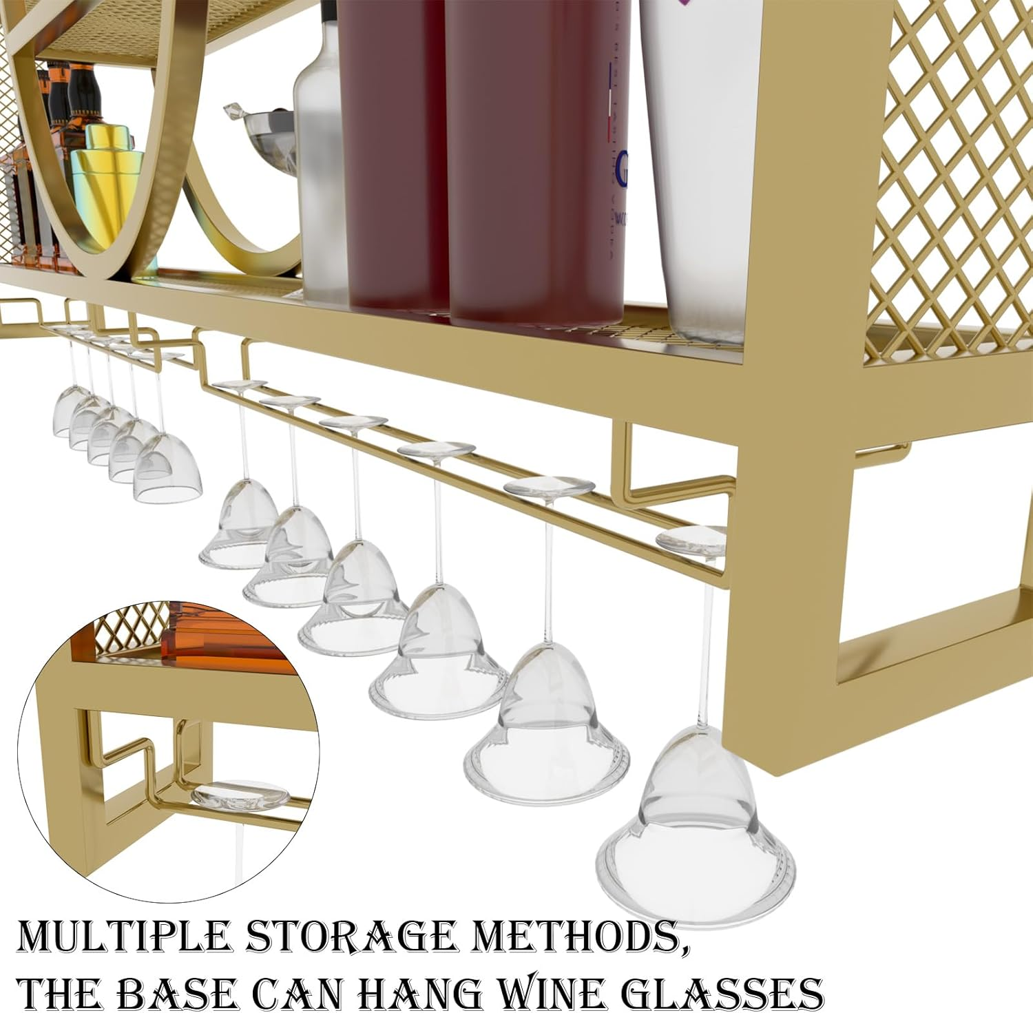 Wall Mounted Wine Rack with Led,3-Tier Metal Wine Bottle Shelf with Goblet Holder, Modern Bar Shelves Bar Liquor Bottle Display Shelf Multifunctional Bottle Rack for Home Bar No Battery (GLD, 100) image number 5